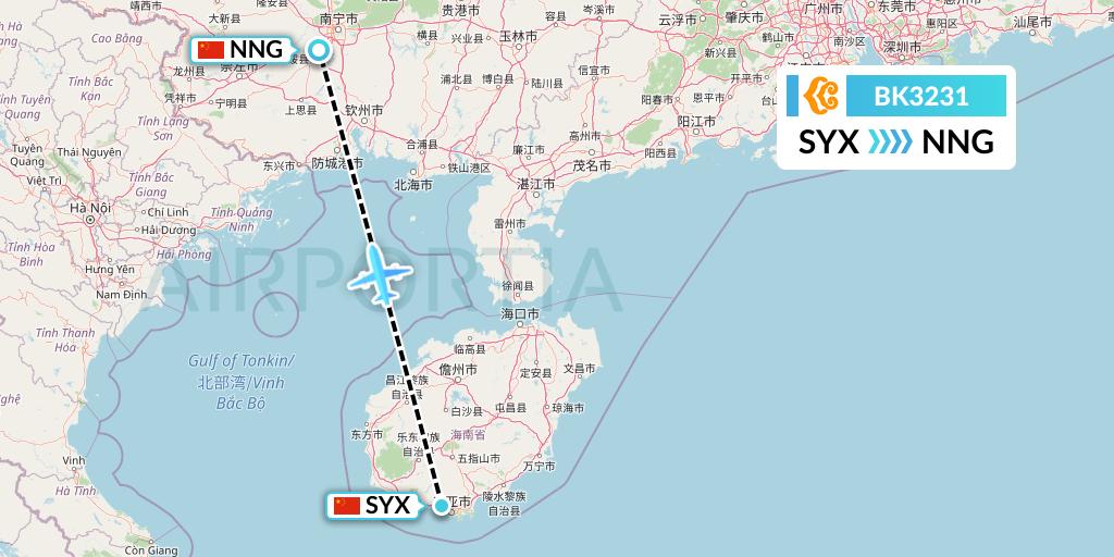 BK3231 Okay Airways Flight Map: Sanya to Nanning