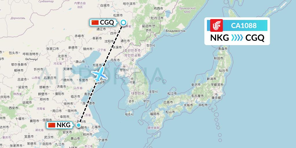 CA1088 Air China Flight Map: Nanjing to Changchun