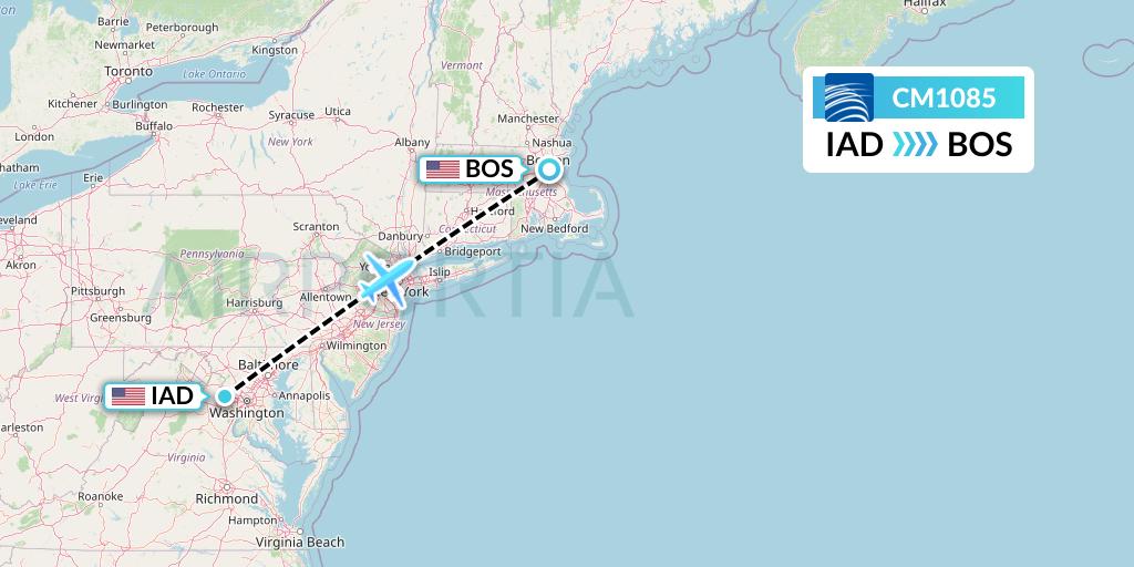 CM1085 Copa Airlines Flight Map: Washington to Boston