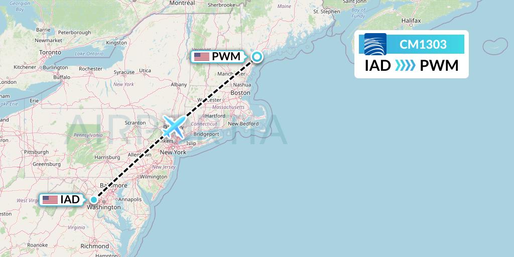 CM1303 Copa Airlines Flight Map: Washington to Portland