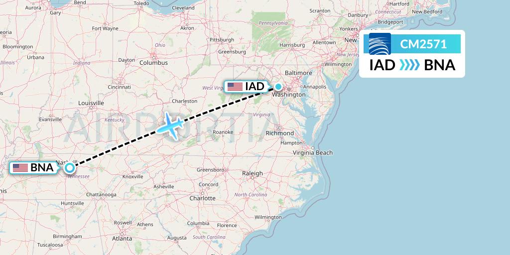 CM2571 Copa Airlines Flight Map: Washington to Nashville