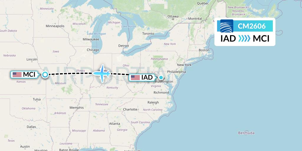 CM2606 Copa Airlines Flight Map: Washington to Kansas City