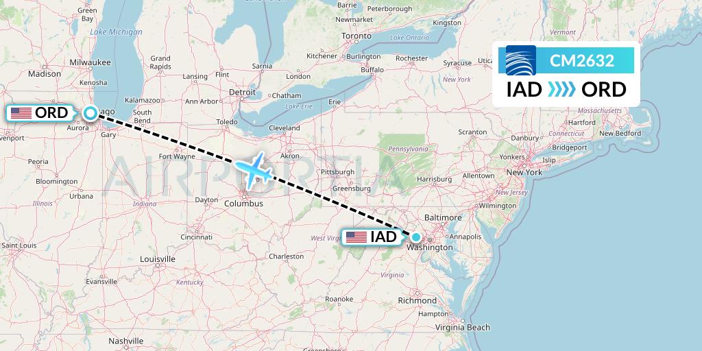 CM2632 Copa Airlines Flight Map: Washington to Chicago