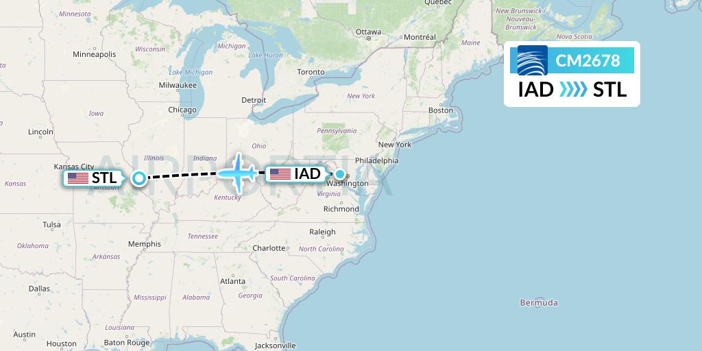 CM2678 Copa Airlines Flight Map: Washington to St. Louis