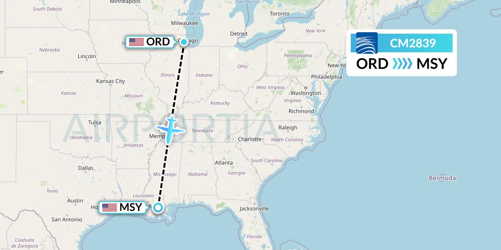 CM2839 Copa Airlines Flight Map: Chicago to New Orleans