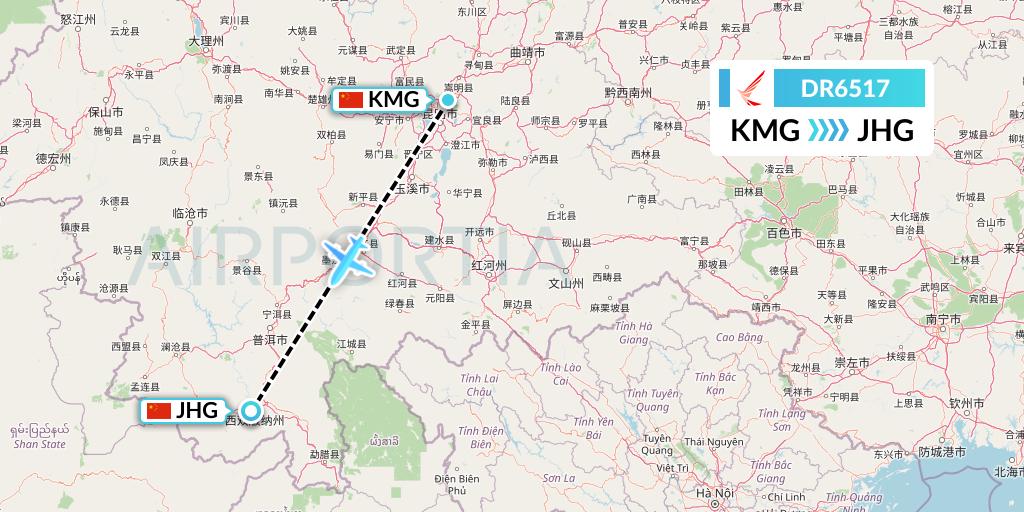 DR6517 Ruili Airlines Flight Map: Kunming to Jinghong