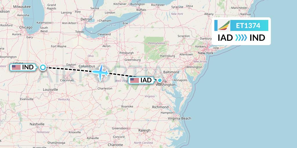 ET1374 Ethiopian Airlines Flight Map: Washington to Indianapolis
