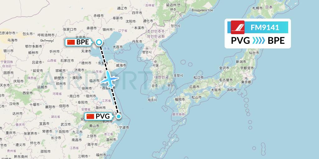 FM9141 Shanghai Airlines Flight Map: Shanghai to Qinhuangdao
