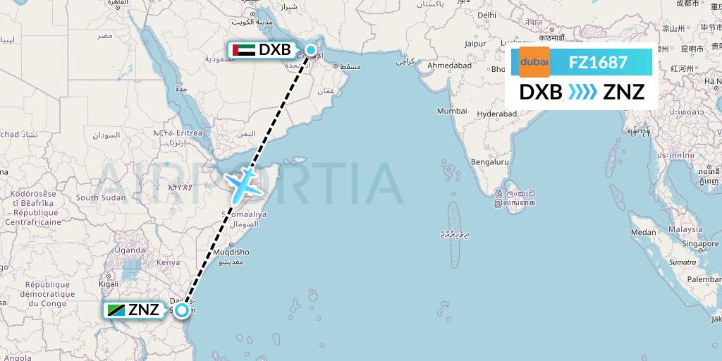 FZ1687 FlyDubai Flight Map: Dubai to Zanzibar