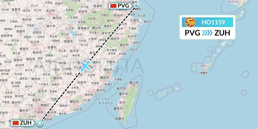 HO1159 Juneyao Airlines Flight Map: Shanghai to Zhuhai