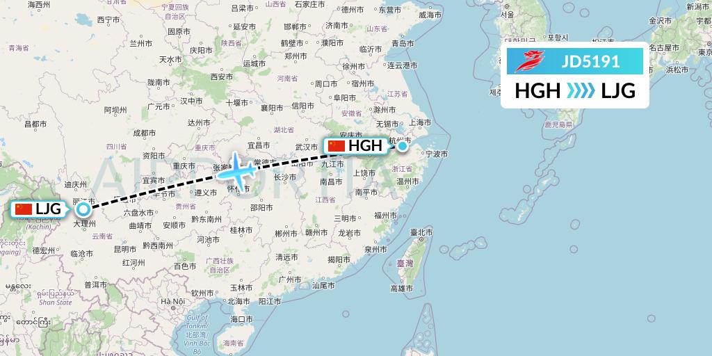 JD5191 Capital Airlines Flight Map: Hangzhou to Lijiang