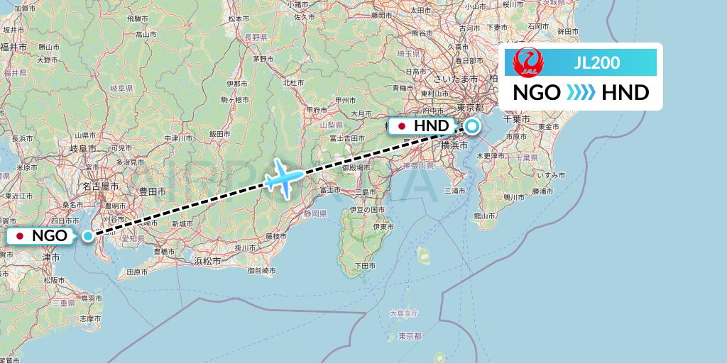 JL200 Japan Airlines Flight Map: Nagoya to Tokyo