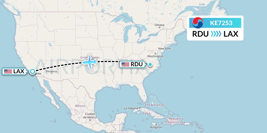 KE7253 Korean Air Flight Map: Raleigh-Durham to Los Angeles