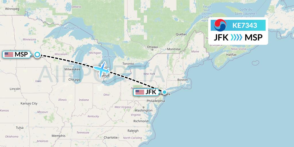 KE7343 Korean Air Flight Map: New York to Minneapolis