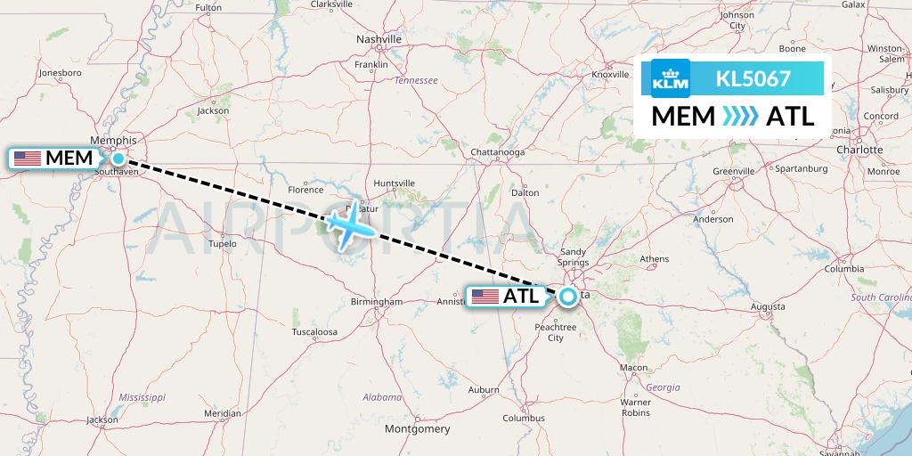 KL5067 KLM Flight Map: Memphis to Atlanta