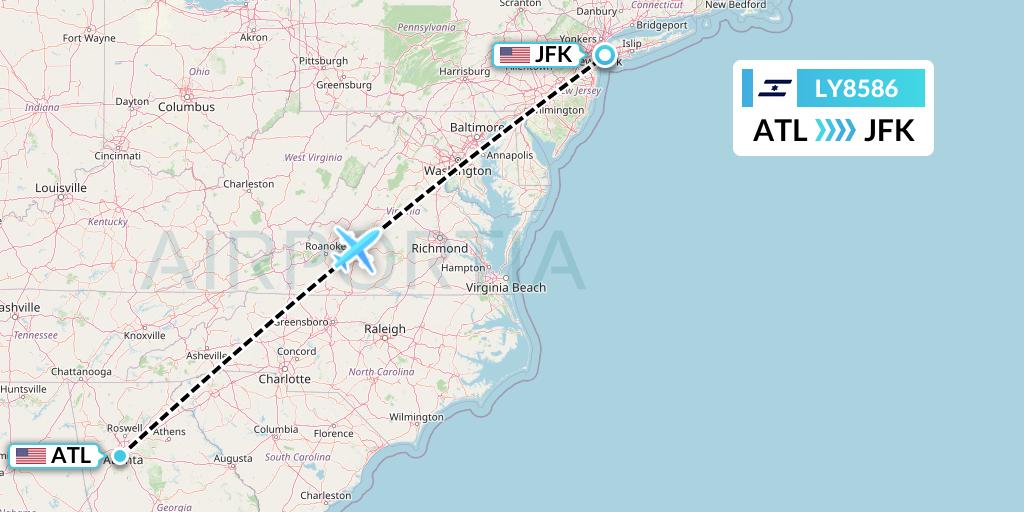 LY8586 El Al Flight Map: Atlanta to New York