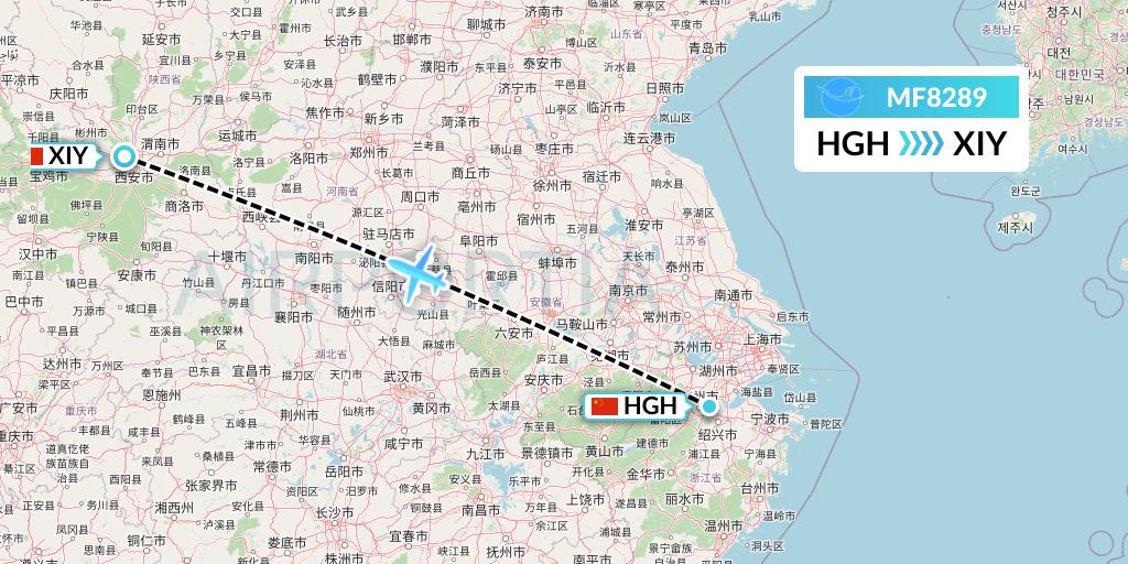 MF8289 Xiamen Airlines Flight Map: Hangzhou to Xi'an