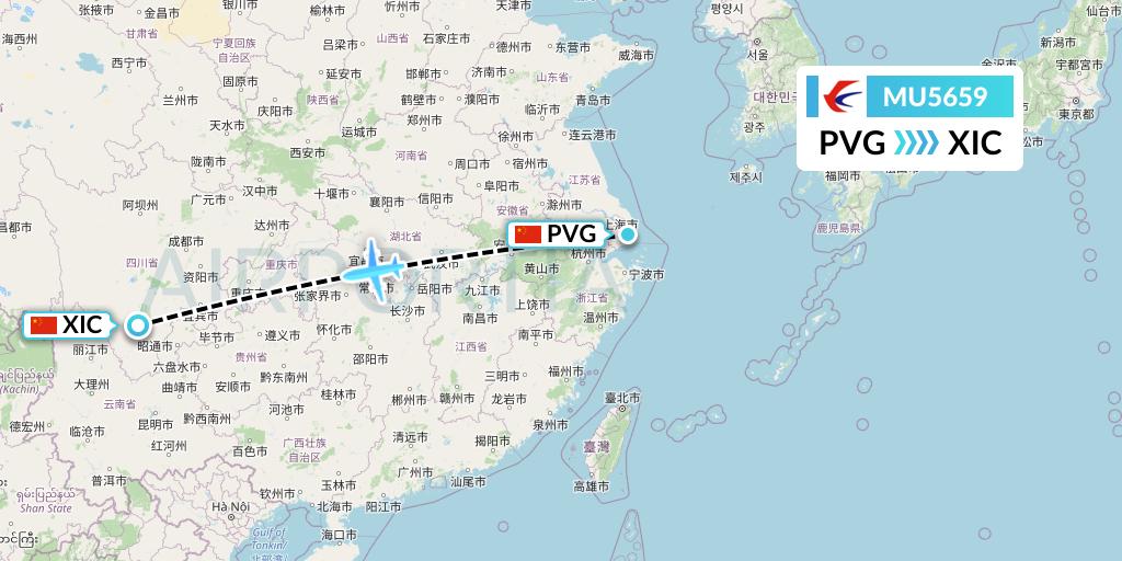 MU5659 China Eastern Airlines Flight Map: Shanghai to Xichang