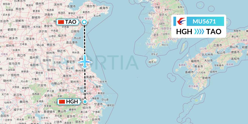 MU5671 China Eastern Airlines Flight Map: Hangzhou to Qingdao