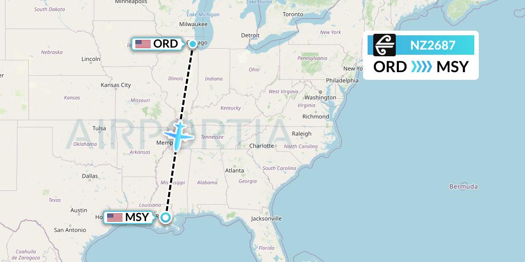 NZ2687 Air New Zealand Flight Map: Chicago to New Orleans