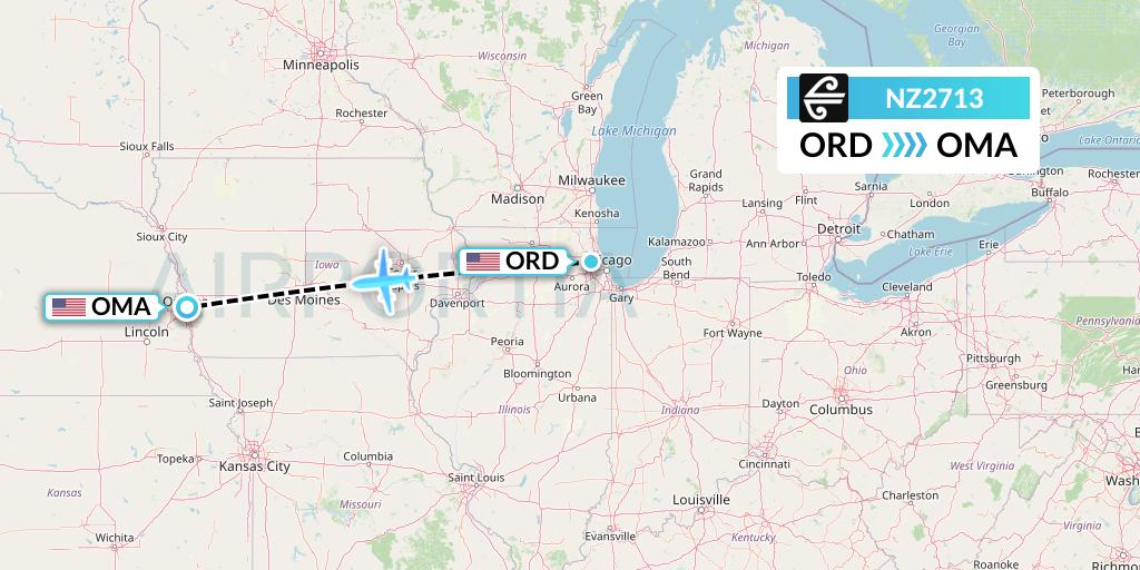 NZ2713 Air New Zealand Flight Map: Chicago to Omaha