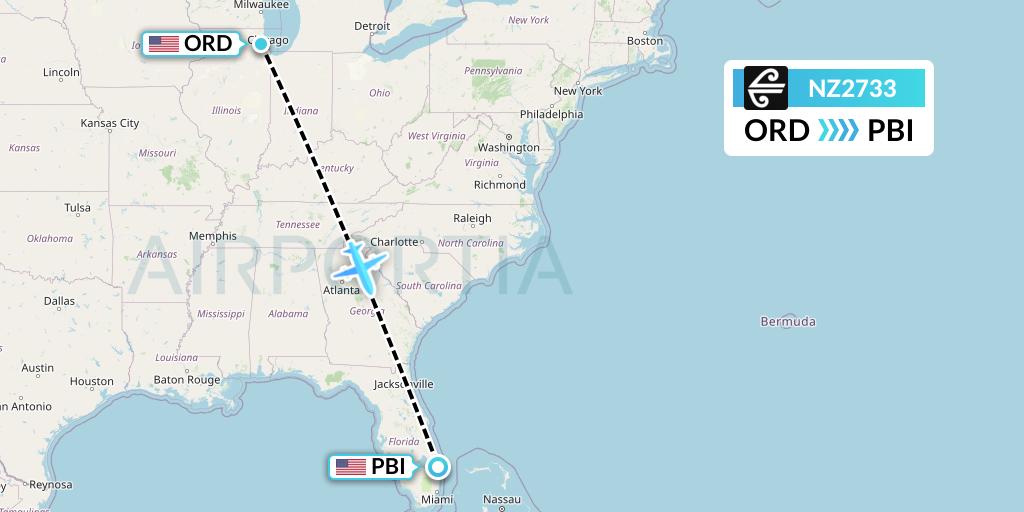 NZ2733 Air New Zealand Flight Map: Chicago to West Palm Beach
