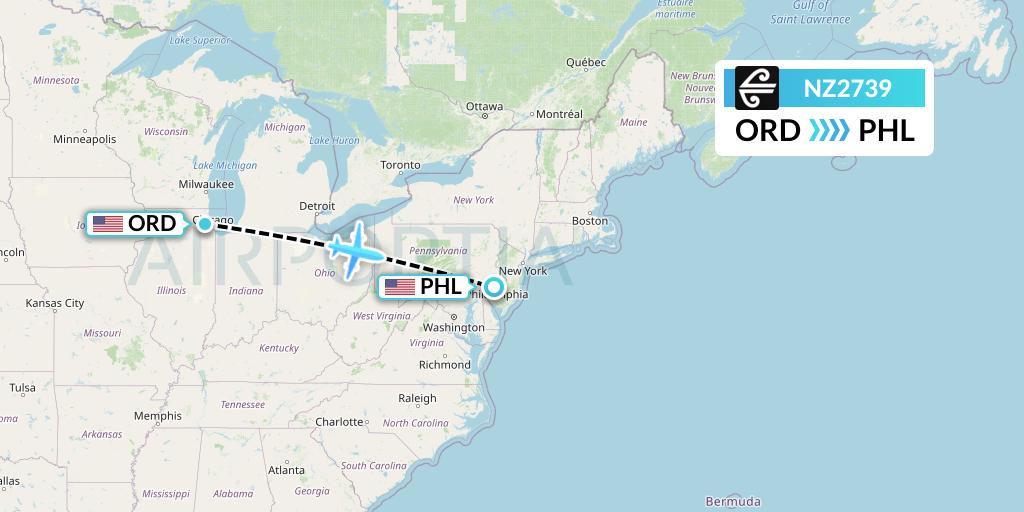 NZ2739 Air New Zealand Flight Map: Chicago to Philadelphia