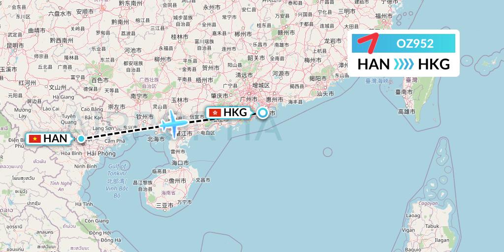OZ952 Asiana Airlines Flight Map: Hanoi to Hong Kong