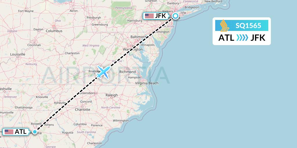 SQ1565 Singapore Airlines Flight Map: Atlanta to New York
