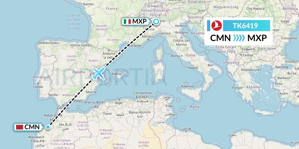TK6419 Turkish Airlines Flight Map: Casablanca to Milan