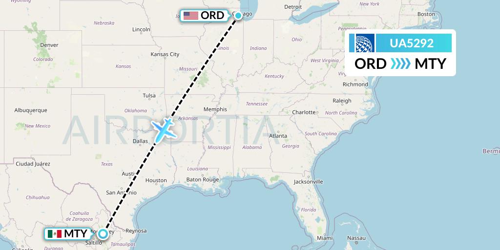 UA5292 United Airlines Flight Map: Chicago to Monterrey