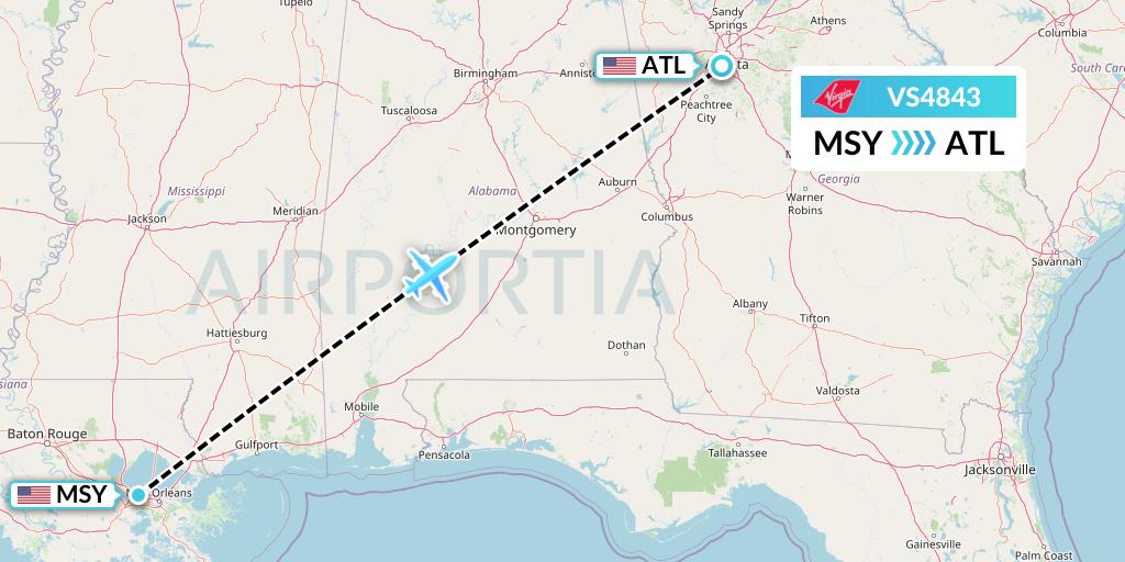 VS4843 Virgin Atlantic Airways Flight Map: New Orleans to Atlanta