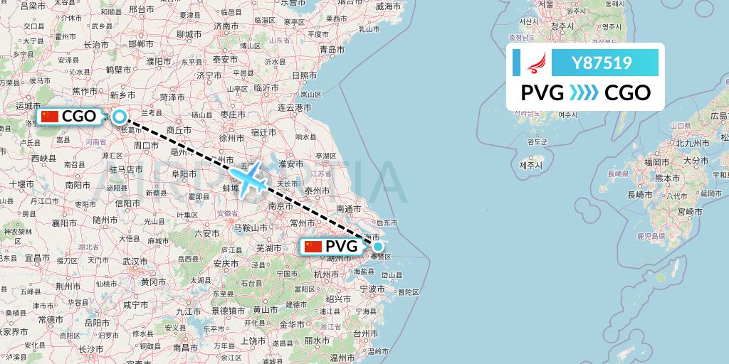 Y87519 Yangtze River Express Flight Map: Shanghai to Zhengzhou