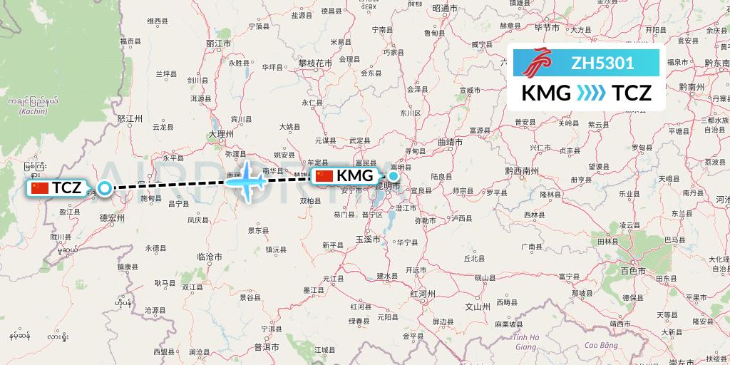 ZH5301 Shenzhen Airlines Flight Map: Kunming to Tengchong