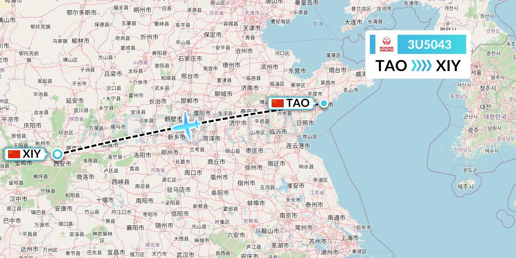 3U5043 Sichuan Airlines Flight Map: Qingdao to Xi'an