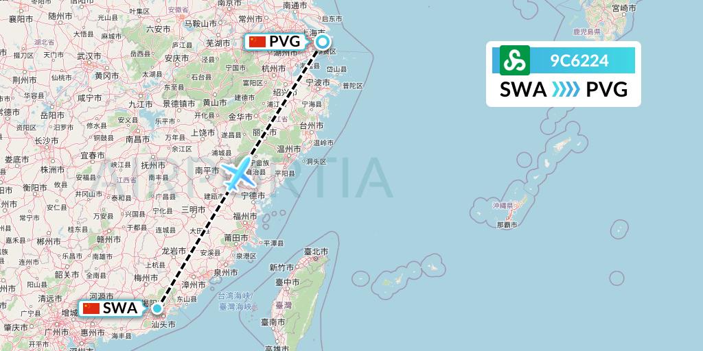 9C6224 Spring Airlines Flight Map: Jieyang to Shanghai