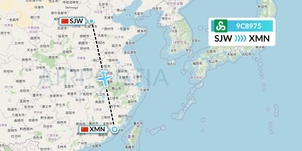 9C8975 Spring Airlines Flight Map: Shijiazhuang to Xiamen