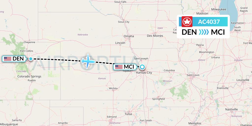 AC4037 Air Canada Flight Map: Denver to Kansas City