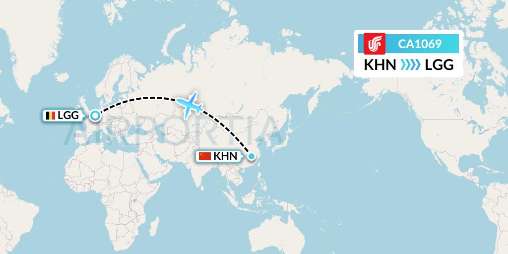 CA1069 Air China Flight Map: Nanchang to Liege