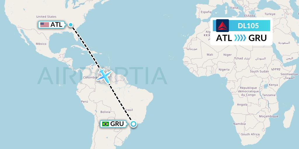 DL105 Delta Air Lines Flight Map: Atlanta to Sao Paulo