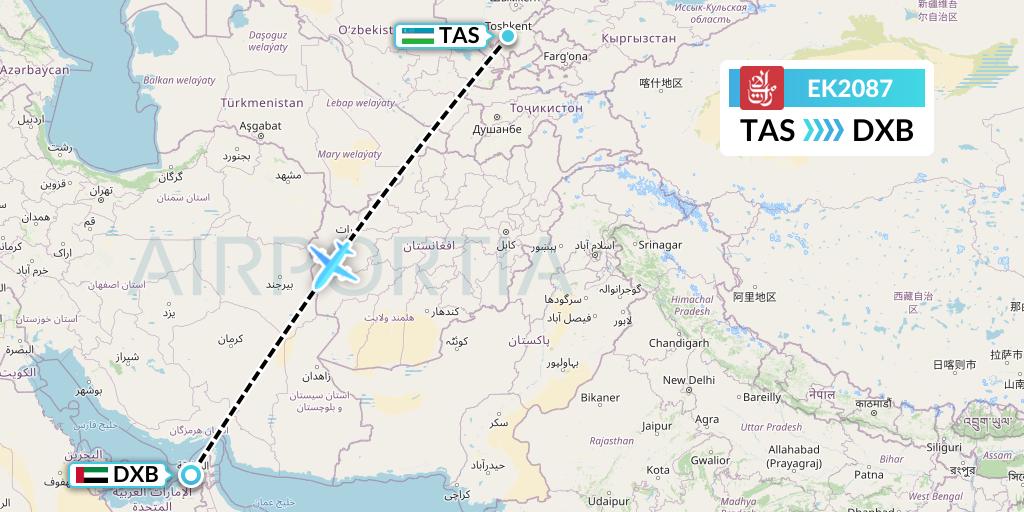 EK2087 Emirates Flight Map: Tashkent to Dubai