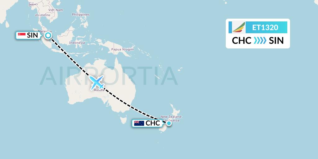ET1320 Ethiopian Airlines Flight Map: Christchurch to Singapore