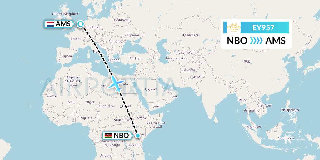 EY957 Etihad Airways Flight Map: Nairobi to Amsterdam
