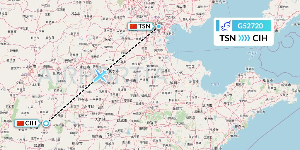 G52720 China Express Airlines Flight Map: Tianjin to Changzhi