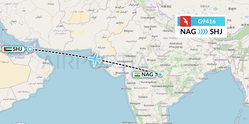 G9416 Air Arabia Flight Map: Nagpur to Sharjah