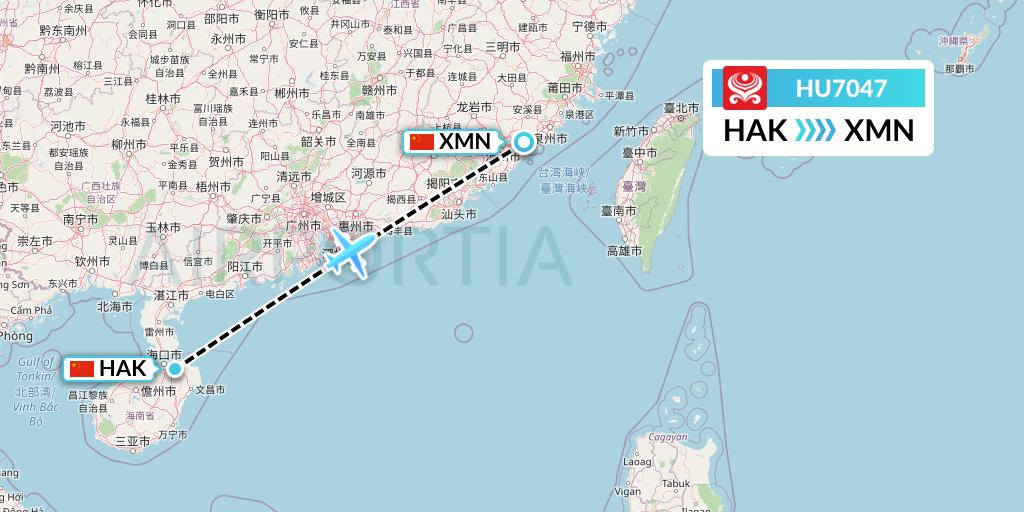 HU7047 Hainan Airlines Flight Map: Haikou to Xiamen