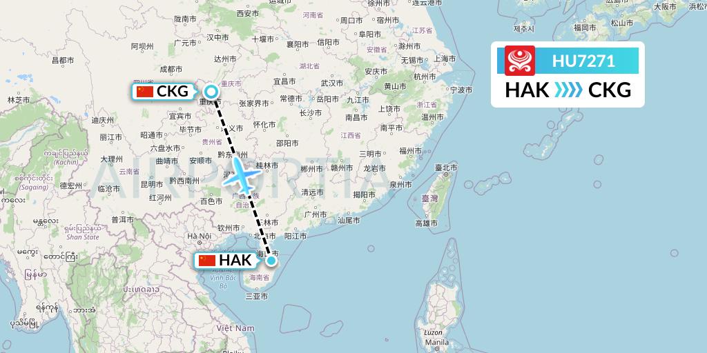HU7271 Hainan Airlines Flight Map: Haikou to Chongqing