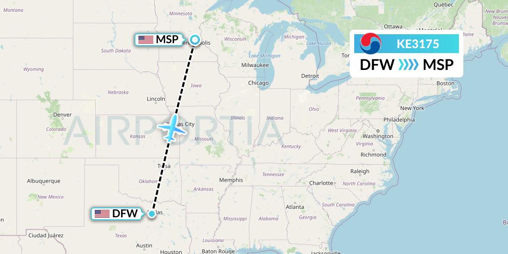 KE3175 Korean Air Flight Map: Dallas to Minneapolis
