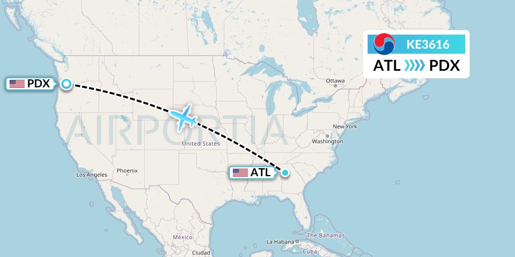 KE3616 Korean Air Flight Map: Atlanta to Portland