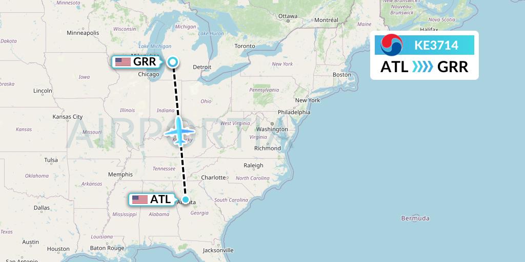 KE3714 Korean Air Flight Map: Atlanta to Grand Rapids